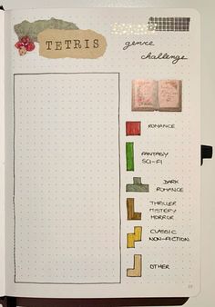 a super fun challenge to keep track of the genres! Book Series Tracker Bullet Journal, Book Journal Challenge, Genre Tracker Reading Journal, Reading Challenge Bullet Journal, Reading Tracker Ideas, 2025 Reading Challenge, Reading Journal Prompts, Bookish Journal, Book Journal Layout