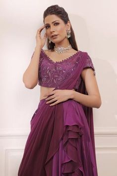 Shop for Isha Gupta Tayal Purple Georgette Draped Lehenga Saree With Blouse for Women Online at Aza Fashions Purple Pre-draped Saree For Wedding, Elegant Purple Georgette Sharara, Elegant Purple Sharara With Traditional Drape, Elegant Purple Choli With Sheer Dupatta, Elegant Purple Sharara For Reception, Elegant Fitted Purple Pre-draped Saree, Elegant Purple Sharara With Unstitched Blouse, Navratri Purple Pre-draped Saree, Elegant Floor-length Purple Choli