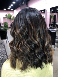 Partial Caramel Highlights, Black Hair Partial Highlights, Dark Brown Hair With Partial Highlights, Partial Highlights For Black Hair, Short Dark Brown Hair With Highlights, Dark Hair With Caramel Highlights, Partial Highlights For Brunettes, Partial Highlights For Dark Hair, Shoulder Length Black Hair