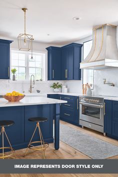 a kitchen with blue cabinets and white counter tops is featured in an article titled image represents door style only