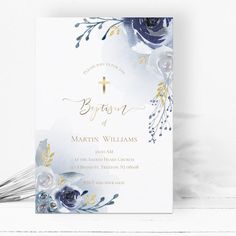 blue flowers and faux gold foil details | Baptism for $2.40 - Baptism & Christening Invitations Frame Invitation, Blue Watercolor Flowers, Christening Candle, Flowers Frame, Rose Frame, Birthday Photography