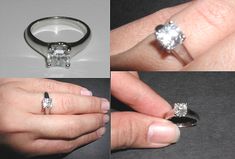 four different views of a woman's engagement ring and wedding band, including the center diamond