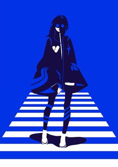 a woman walking across a crosswalk in front of a blue background with white stripes