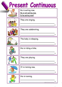 the present continuous tense worksheet is shown in purple and white with an orange pencil