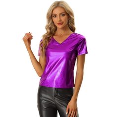 This women's metallic tee from Allegra K is a stylish top with a v-neck design. It is perfect for parties or clubs. It's a short-sleeved top in shiny top-quality metallic fabric. This is a regular-fit top that is very comfortable to wear. This is a very fashionable top when you wear it at a party. It will be very dazzling, and it will help you attract a lot of attention. Glamorous V-neck Top For Parties, Glamorous V-neck Top For Night Out, Fitted V-neck Top For Spring Party, Fitted V-neck Top For Summer Party, Shiny Club Tops For Spring, Shiny Tops For Night Out Party Season, Trendy V-neck Party Tops, Spring Club Tops With Shiny Details, Summer Party Tops With Sheen