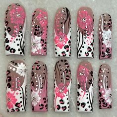 handmade hibiscus and leopard print nail set <3 length in photo is XL shape is square Xl Junk Nails, Oddity Nails, 2000s Christmas Nails, Paul Frank Nails, Maximalist Nails Square, Square Y2k Nails, Spring Summer Nails, Every Nail Different Design, Y2k Square Nails