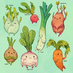 an image of vegetables with faces drawn on them in different colors and shapes, including onions, carrots, celery, radishes