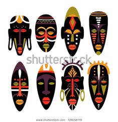 african masks with different designs and colors on white background, set of twelve faces in ethnic style