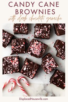 candy cane brownies with chocolate and sprinkles on the top, surrounded by candies