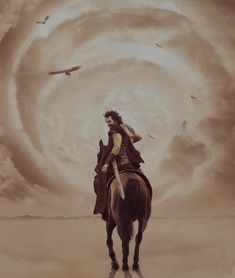 a man riding on the back of a horse in front of a sky filled with clouds