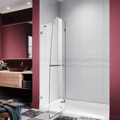 a bathroom with red walls and white fixtures