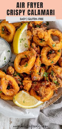 air fryer crispy calamari with lemon wedges