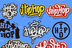 graffiti stickers in various styles and colors on a blue background with the word hip hop