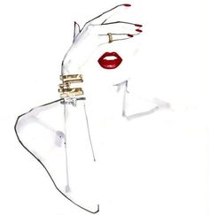 a drawing of a woman's face with red lipstick and gold rings on her fingers