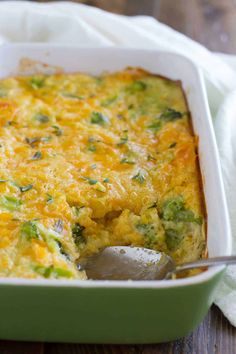 a casserole dish with broccoli and cheese