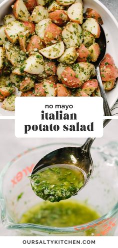 potatoes with pesto sauce in a bowl and on a spoon next to the recipe