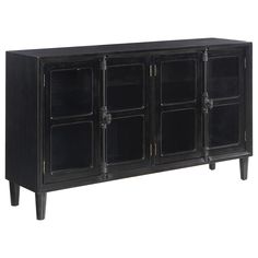 a black sideboard with glass doors on the front and bottom, against a white background