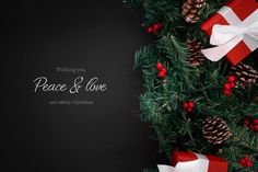 christmas greeting card with presents and pine cones on black background - peace & love stock pictures, royalty photos & images