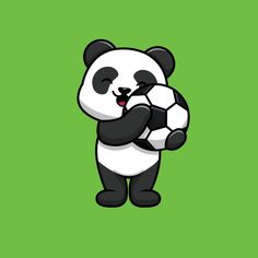 a panda bear holding a soccer ball on a green background