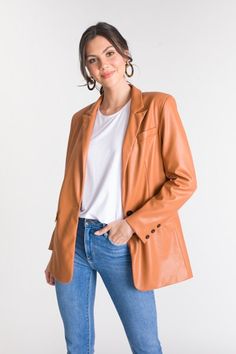 Emery Leather Blazer, Camel :: NEW ARRIVALS :: The Blue Door Boutique Blue Door, Leather Blazer, Black Button, Leather Material, Boutique Clothing, Cute Dresses, Vegan Leather, Women's Blazer, Camel