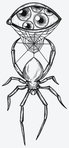 a black and white drawing of a spider with two eyes on it's back