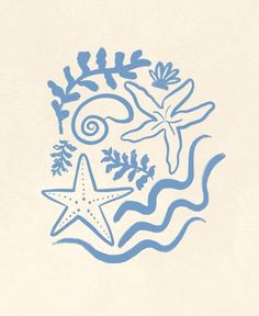 an image of a starfish and seaweed on a white paper with blue ink