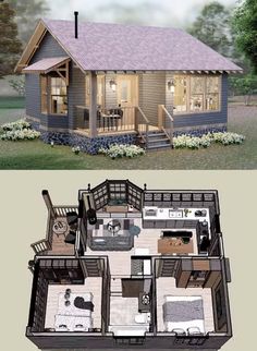 the floor plan for a small house with two levels and an open living room area