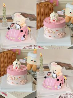 there is a cake that looks like a teddy bear driving a pink car on the table