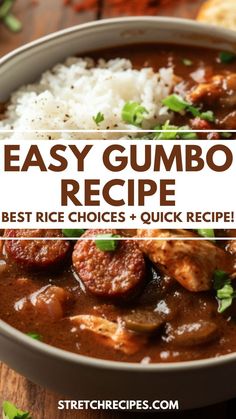 easy gumbo recipe in a bowl with rice and garnish