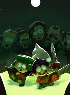 an animated image of zombies in front of a group of people with knifes and knives