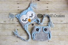 two crocheted hats with eyes and an owl on them