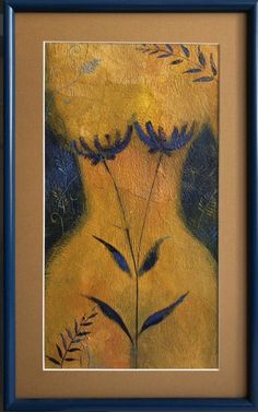 an abstract painting with blue and yellow flowers in a brown frame on a beige background