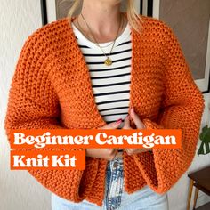 a woman wearing an orange knitted cardigan with text reading beginner cardigan knitting kit