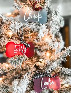 the ornaments on this christmas tree are all handmade and have words written on them