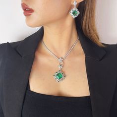 ✰ This gemstone necklace is perfect for people who want to achieve a brilliant and splendid look ✰ This green zircon necklace not only suitable for formal occasions such as banquets, weddings, theme parties, but also for everyday wear ✰ This green jewelry is a very special gift for birthday, Mother's Day, Valentine's Day and more  ✰ Comes with an exquisite gift box  We also offer the ring and earring from the same collection: https://www.etsy.com/listing/1217077278/green-emerald-cut-ring-vivid-green https://www.etsy.com/listing/1230999979/green-emerald-cut-earring-vivid-green Materials: Environmentally-friendly copper Quantity: 1 Piece with Chain Pendant Size: 1 x 1 x 0.51 in Main Gemstone: 0.6 x 0.6 x 0.2 in Necklace Length: 17.3 in ----♛ PRODUCTION & SHIPPING ♛ --- ✰Multiple items purcha Elegant Emerald Necklace For Formal Occasion, Elegant Formal Emerald Pendant Necklace, Elegant Emerald Pendant Necklace For Wedding, Formal Emerald Necklace With Elegant Design, Elegant Wedding Emerald Pendant Necklace, Elegant Silver Jewelry Sets With Emeralds, Elegant Silver Emerald Necklace With Jewels, Elegant Silver Emerald Jewelry Sets, Formal Emerald Necklace With Cubic Zirconia