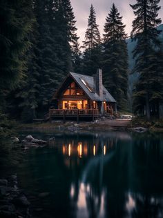 a cabin is lit up at night by the water in front of some pine trees