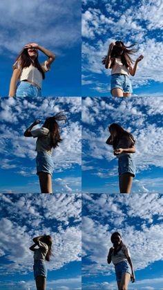 four different shots of a woman jumping in the air with her hair flying through the air