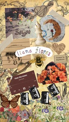 a collage of images with flowers, butterflies and other things on it's surface