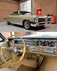 the interior and dashboard of an old car in two different pictures, one is beige