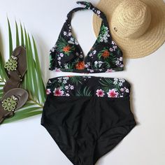 Plus Size Halter Top High Waist Bikini Swimsuit Cute Trending Halter Top Black Floral Bikini Removable Padding Double Hook Closure On Back Wear Bottom As High Or Fold Over Fitted High Waist Tropical Swimwear, Tropical Black Triangle Top Swimwear, Black Tropical Stretch Swimwear, Plus Size Halter Top, Swimsuit Cute, Fold Over, Halter Top, Black Floral, Womens Swim