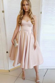 Light Pink Homecoming Dress, Tea Length Homecoming Dresses, Strapless Homecoming Dresses, Tea Length Prom Dress, Sweetheart Homecoming Dress, Simple Homecoming Dresses, Short Satin Dress, Champagne Prom Dress, Homecoming Dress Short