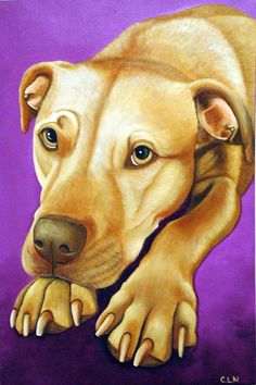 a painting of a brown dog with his paw on the ground looking at the camera