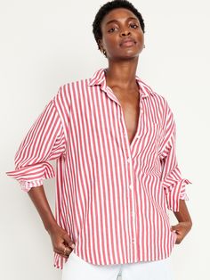 Oversized Poplin Boyfriend Shirt for Women | Old Navy Oversized Boyfriend Shirt Outfit, Boyfriend Shirt Outfits, Boyfriend Shirt, Curvy Outfits, Shirt For Women, Spring 2024, Pink Stripes, Petite Size, Green Stripes