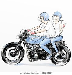 two people riding on the back of a motorcycle in blue jeans and white t - shirt