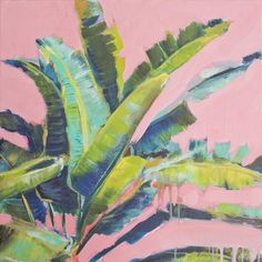 a painting of green plants against a pink background