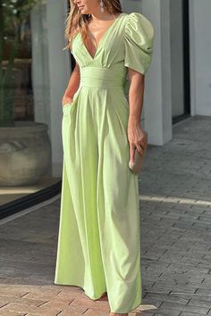 V Neck Puff Sleeve Belted Jumpsuit – Levency Loose Jumpsuit, Green Jumpsuit, Sleeves Clothing, Jumpsuit Fashion