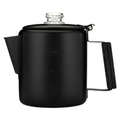 a black coffee pot with a glass lid and handle on the side, sitting against a white background