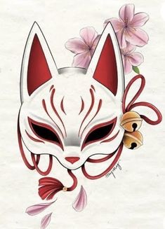 a drawing of a cat with flowers on it's head and eyes in the shape of a mask