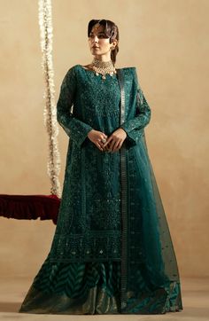 Regal Green Embroidered Pakistani Wedding Dress Kameez Sharara is an elegant masterpiece that wins everyone's hearts at the very first glance with its charm. Lavish designs and hand-crafted embellishments make this beautiful Sharara Dress your foremost priority for the big day. Sharara Dress, Organza Suits, Desi Outfits, Pakistani Wedding Dress, Readymade Saree, Lehenga Skirt, Organza Dress, Pakistani Wedding Dresses, Gold Work