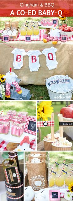 an outdoor bbq party with gingham and baby - o's